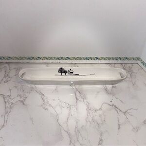 Pier 1 White Ceramic Black House Church Fence Trees Dish Tray Bar Olive Boat